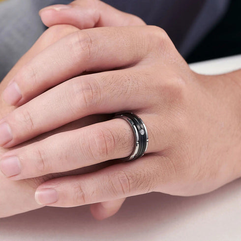 Men's 8mm Tungsten Brushed Black Silver Groove CZ Comfort-Fit Wedding Band